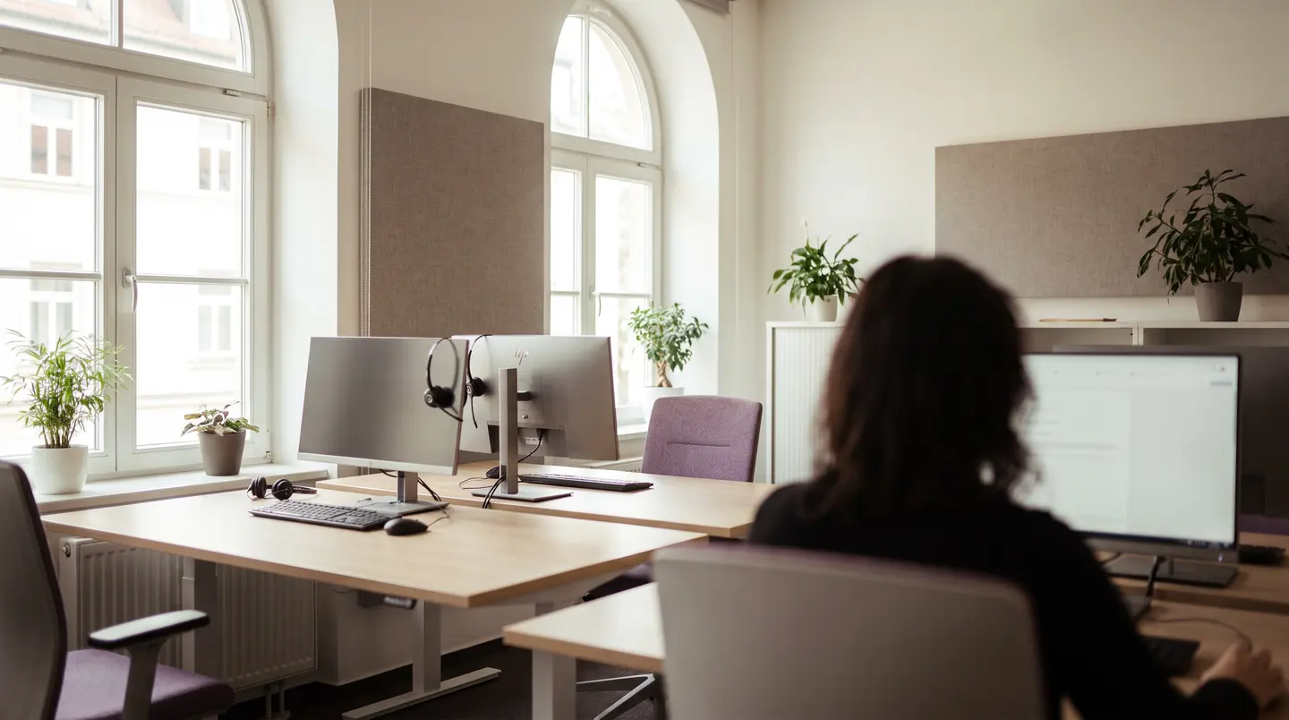 Heller Büroraum mit Altbaufenstern: zwei Arbeitsplätze mit Monitoren und Headsets, im Vordergrund eine Mitarbeiterin von hinten.